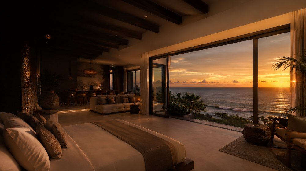 Suite de hotel premium con vista al mar y análisis de datos